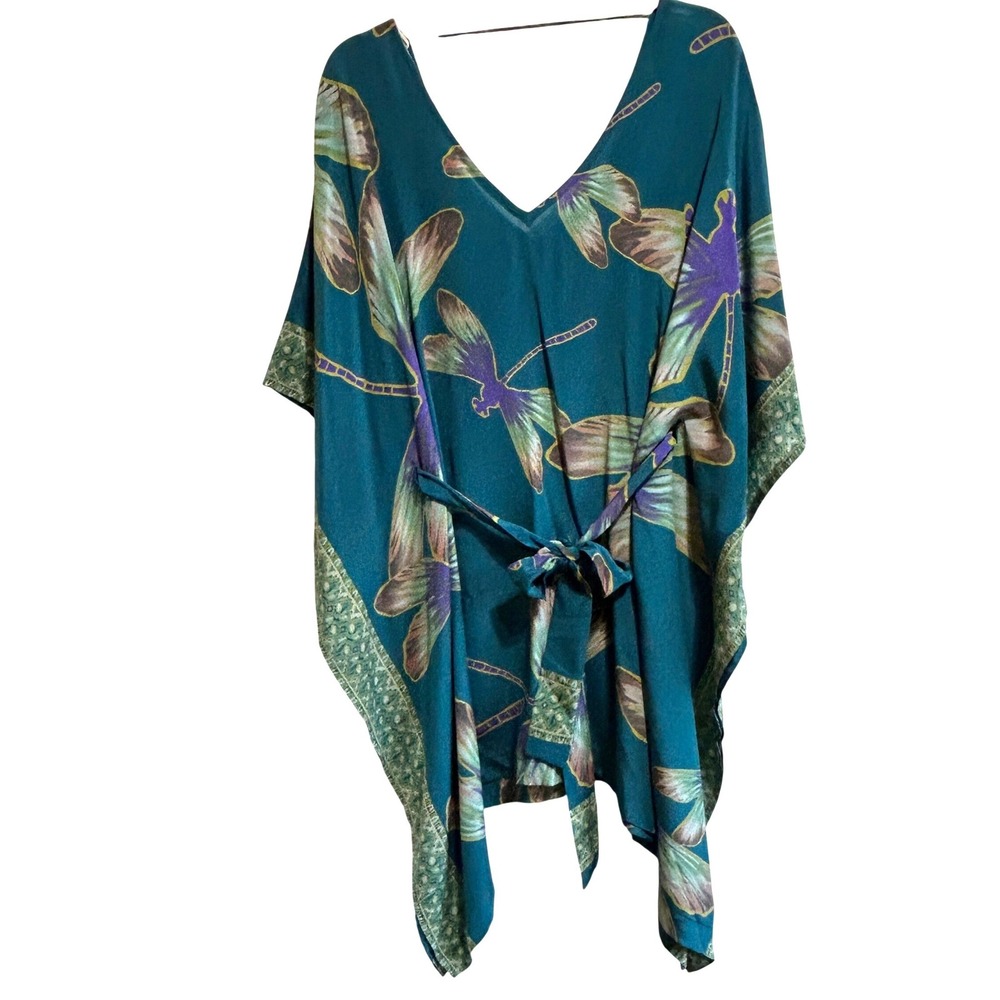 Ramona La Rue Silk Kaftan Size M Teal Dragonfly Print Waist Tie Top